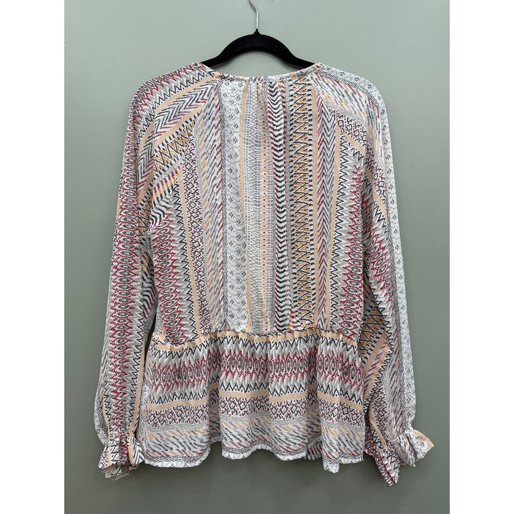 Umgee Boho Geometric Peplum Blouse S Tassel Tie Western Ruffle Sleeve - Picture 7 of 7